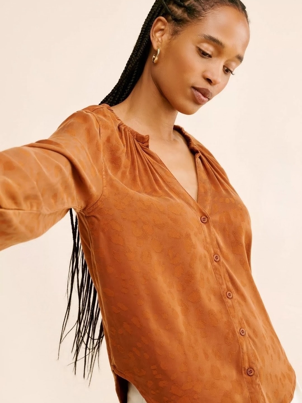 Cloth & Stone Anthropologie Rust Orange Elastic Neck Long Sleeve Blouse Top M